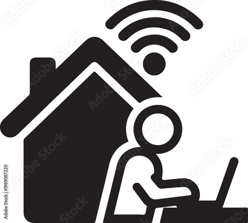 Remote work, home office, WiFi icon, online connectivity, telecommute symbol