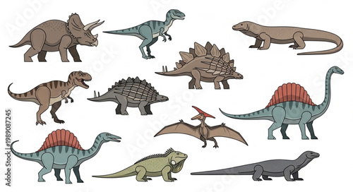 Collection of diverse prehistoric dinosaur species illustrated on a white background.