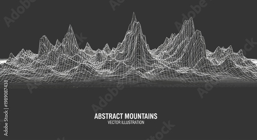 Abstract 3D Wireframe Mountain Range Illustration with Peaks and Valleys on a Dark Background