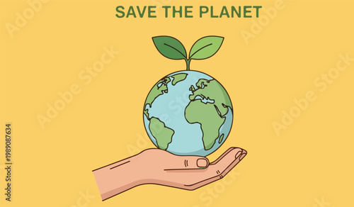 A hand gently cradles a globe with foliage promoting environmental awareness on transparent background
