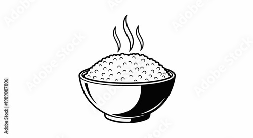 A simple black and white illustration of a steaming bowl of rice