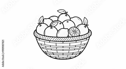 A simple black and white illustration of a woven basket overflowing with assorted citrus fruits and leaves