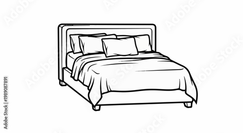 A simple, black and white line drawing of a neatly made bed with four pillows