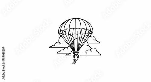 A simple line drawing depicts a person skydiving amidst fluffy clouds