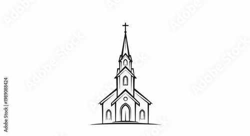 A simple line drawing of a church with a steeple and a cross