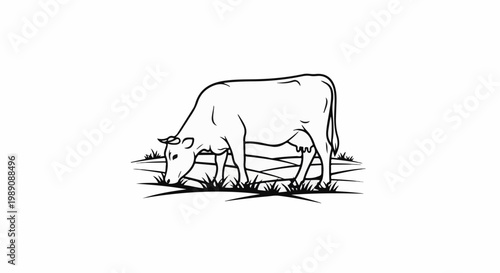 A simple line drawing of a cow grazing in a grassy field