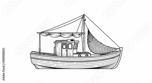 A simple line drawing of a fishing boat with a net