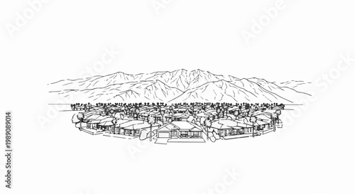 A sketched aerial view of a suburban neighborhood nestled below mountains