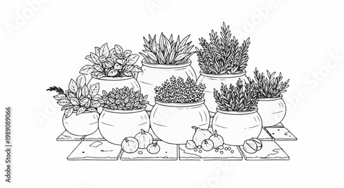 A sketched arrangement of potted plants and gourds on tiles