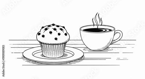 A sketched blueberry muffin on a plate next to a steaming coffee cup