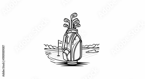 A sketched golf bag and clubs on a golf course with a flag
