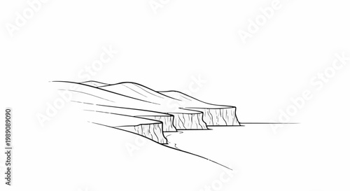 A stark, hand-drawn line art depiction of a rugged coastline with layered cliffs