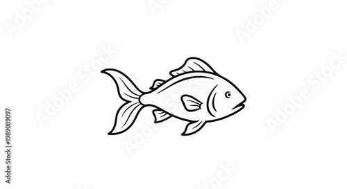 A stylized black and white illustration of a fish with flowing fins and tail