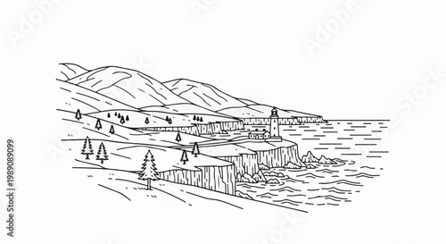 A stark line drawing of a coastline featuring a lighthouse and rolling hills
