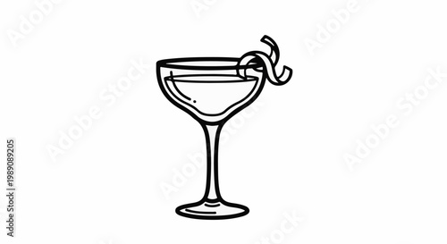 A stylized black and white illustration of a stemmed cocktail glass with a garnish