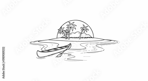 A sketched tropical island with palm trees, mountains, and a canoe with a paddle