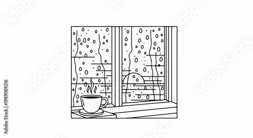 A steaming cup of coffee rests on a windowsill during a rain shower