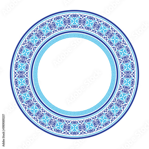 Oriental porcelain plate with floral pattern. Blue Ethnic Asia national round frame. Of the nomadic peoples of Asia, Kazakh, Kyrgyz, Mongol, Turk, Turkmen. For plate, ceramic, medallion, embroidery