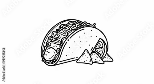 A stylized black and white illustration of a taco, chips, and lime slices