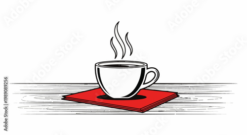 A steaming cup of coffee sits on a red napkin over a wooden surface