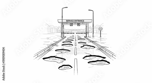 A sketchy road with puddles leads to a "SERVICE ENTRANCE" structure