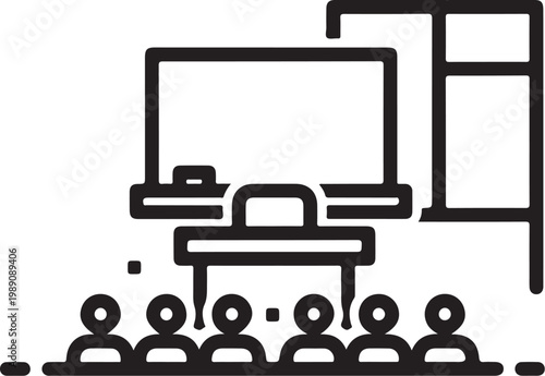 Business presentation, office meeting, people icons, conference room, black and white vector graphics