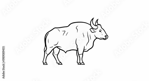 A stylized black and white outline drawing of a muscular bull standing on a white background