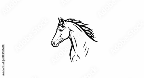 A stylized black and white outline of a horse's head and neck, blowing