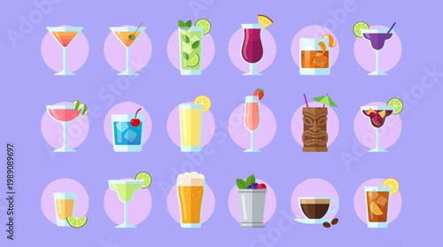 Set of colorful flat vector cocktail and beverage icons including martini margarita and tiki drinks isolated on purple background, concept for bar menu design, website and beverage promotion