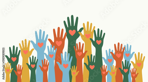 Diverse colorful raised human hands with heart symbols on palms over plain white background, concept for non-profit foundation, volunteer community and corporate social responsibility