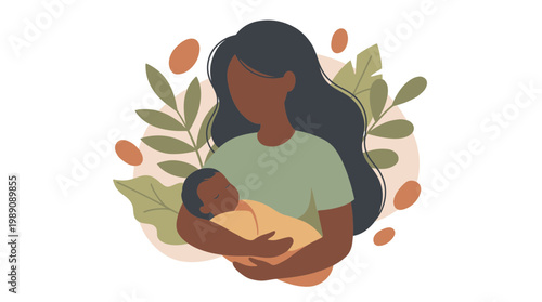 African American professional entrepreneur woman holding her newborn baby with botanical background, concept for working mother support, corporate maternity benefits and career balance