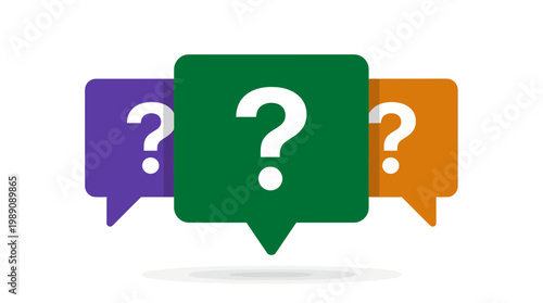 Three colorful square speech bubbles with white question mark icons isolated on white background, concept for customer support service, frequently asked questions and online user assistance