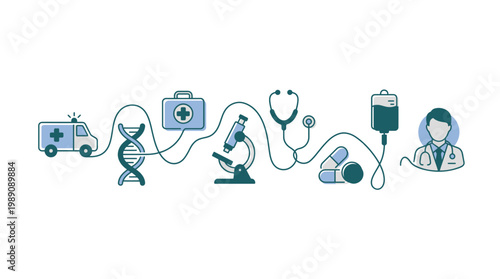 Medical icons with ambulance, dna helix, microscope, stethoscope and male physician doctor avatar on white background, concept for healthcare services, pharmacy business and medical education