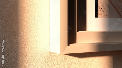 Warm sunlight grazes the corner of a mounted picture frame casting shadows on a textured wall.
