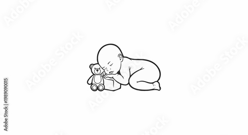 A sleeping infant rests beside a cuddly teddy bear on a flat surface