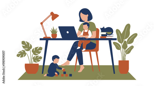 Female project manager working on laptop while holding baby and supervising toddler playing with blocks, concept for work life balance, remote employment and parenting career challenges