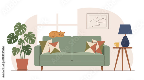 Modern living room with green sofa, pillows, sleeping ginger cat, monstera plant and lamp on side table, concept for home decor, cozy lifestyle and minimalist interior design marketing