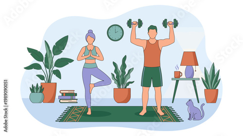 Female manager and male director practicing yoga and lifting weights in a cozy home office living room with plants, concept for work-life balance, employee wellness and healthy lifestyle