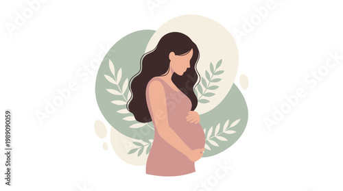 Elegant flat vector illustration of a pregnant professional manager holding her belly with botanical leaves, concept for maternity leave policy, healthcare insurance and wellness blog