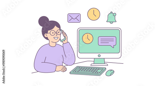 Professional office manager talking on a smartphone while working at a computer desk with time management icons, concept for customer support, business communication and remote workspace
