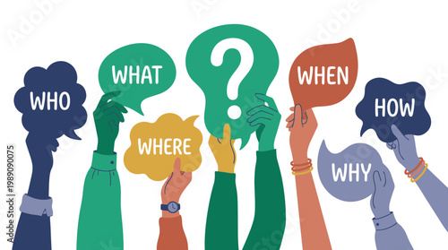 Diverse hands of marketing specialists and researchers holding colorful speech bubbles with 5W1H questions and a large question mark, concept for market research, business strategy and inquiry