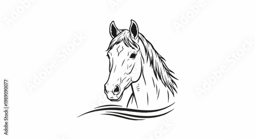 A striking black and white line drawing of a majestic horse's head with flowing mane