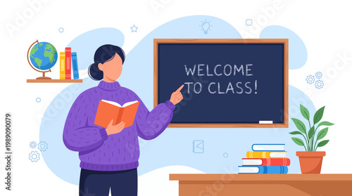 Female school teacher holding book and pointing to chalkboard with welcome text in classroom, concept for back to school marketing, online education platform and teacher appreciation day