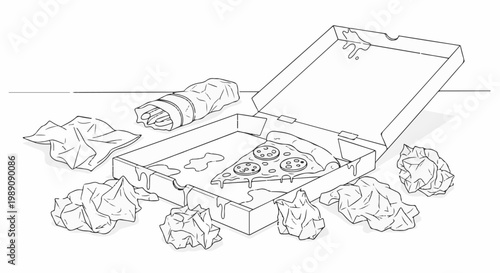 A slice of pizza in a box surrounded by crumpled paper and a rolled object