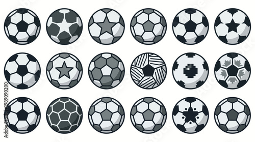 Set of diverse soccer ball icons with various patterns in black and white flat vector style isolated on white, concept for sports branding, mobile game design and athletic marketing