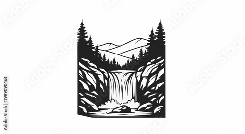 A stylized silhouette of a waterfall cascading amidst rocky terrain