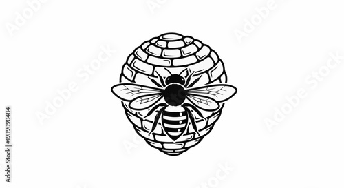 A stylized bee with striped abdomen rests on a textured, oval hive