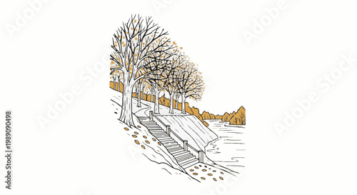 A winding path with stairs leads down to a tranquil river through autumnal trees