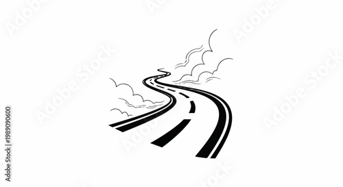 A winding road with dashed lines curves through the sky with clouds