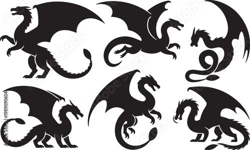 Group of Fantasy Dragon Silhouettes Vector Illustration – Black and White Mythical Creature Set